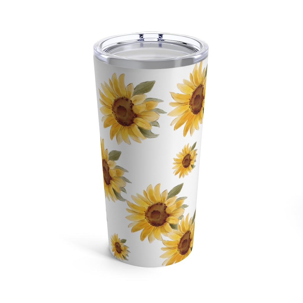 sunflower tumbler with lid with yellow watercolor sunflower pattern