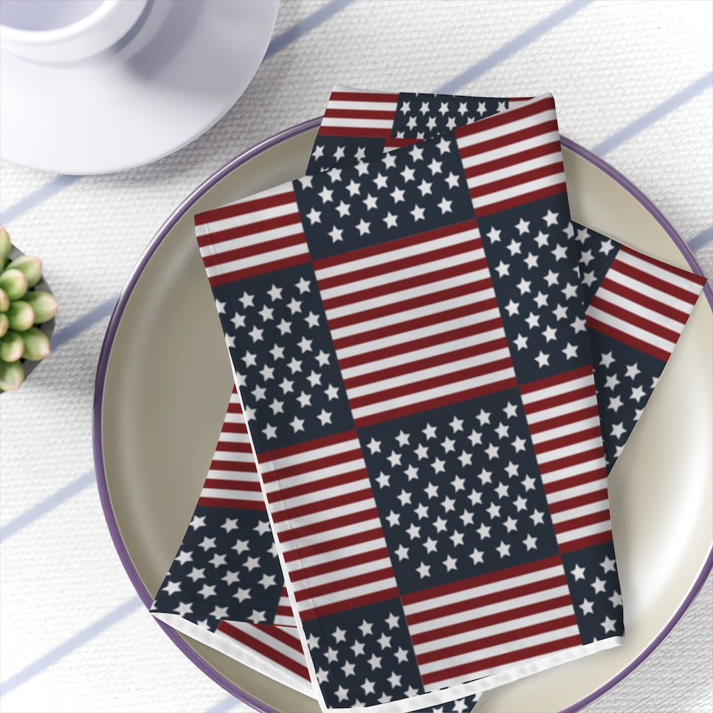 patriotic dinner napkins with usa flag pattern in red, white and blue stars and stripes.