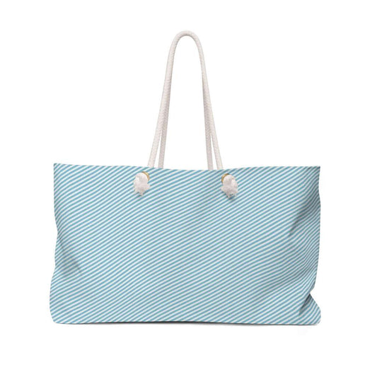 blue pinstripe weekender travel bag with rope handles 