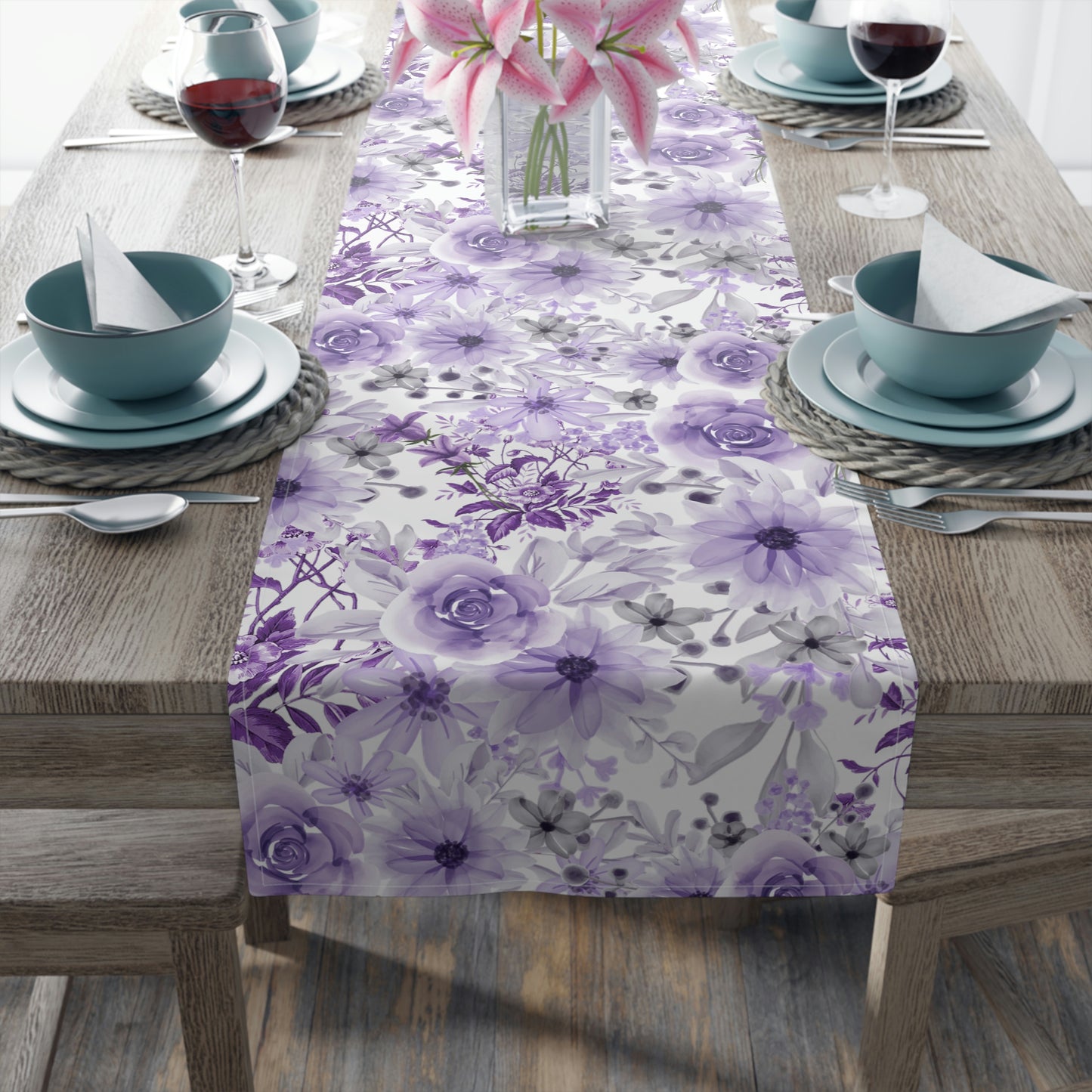 spring purple flower table runner with shades of lavender, purple and grey