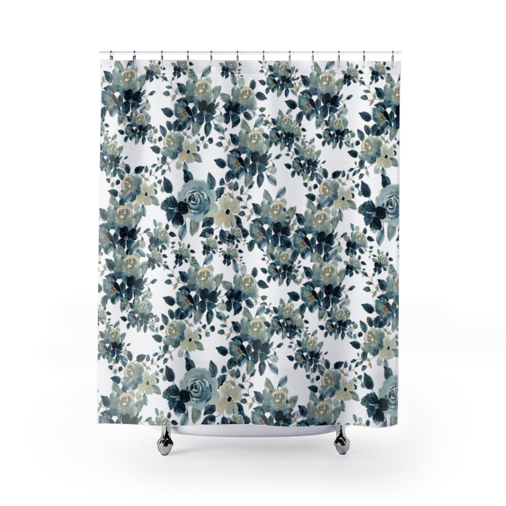 spring flower shower curtain in navy blue, french blue and gray flowers on a white background 