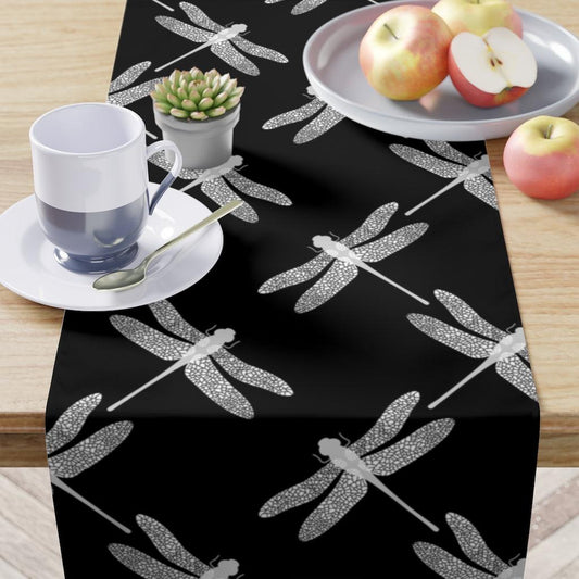 dragonfly table runner in black and white 