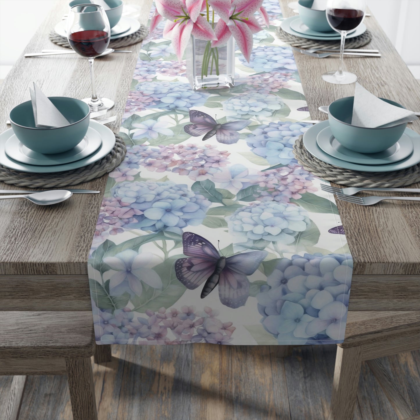summer butterfly and hydrangea table runner in blue and purple flower print