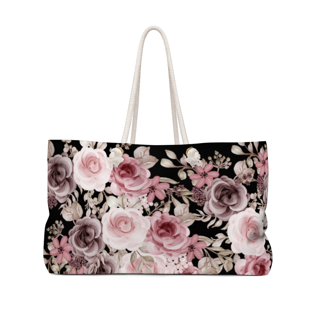 rose weekender bag in black with pink and purple rose pattern 