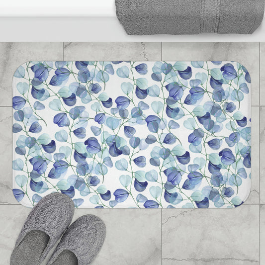 blue leaf bath mat with navy blue and light blue leaf print