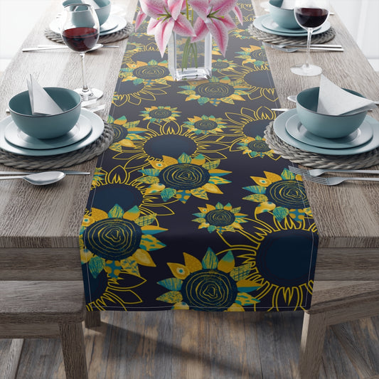navy blue table runner with yellow and teal blue sunflower pattern
