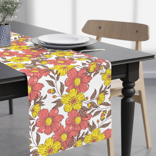 pink and yellow farmhouse floral table runner with flower pattern 