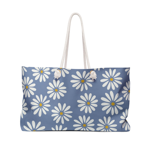 blue and white daisy oversized tote bag for overnight travel