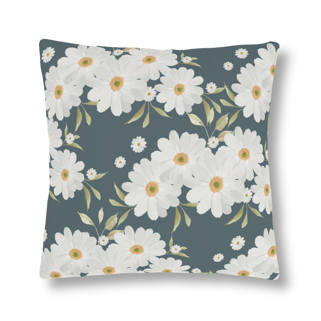 blue outdoor pillow with white daisies. patio outdoor pillow with white flowers