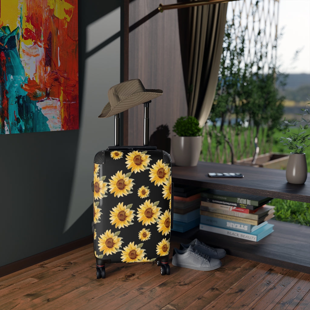 black and yellow sunflower cabin suitcase, medium or large size. watercolor sunflowers on a black background