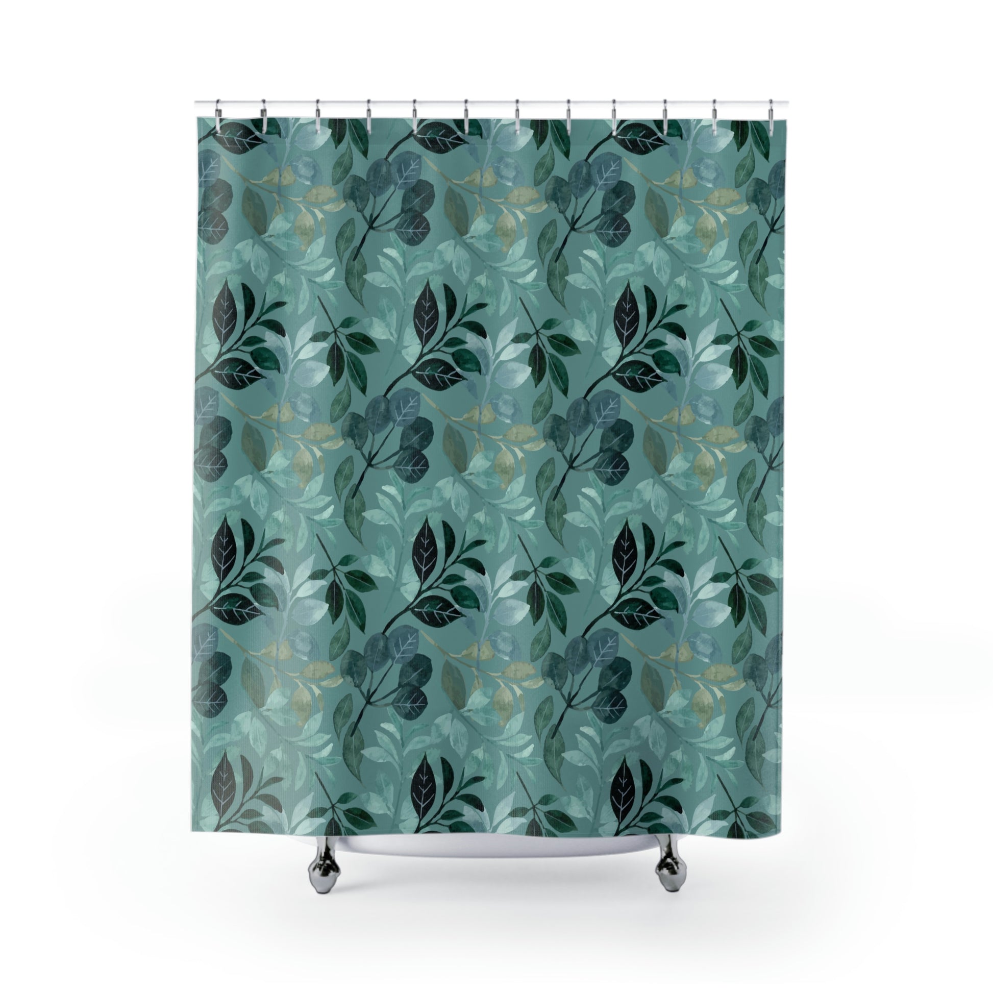 teal shower curtain with floral pattern of beige, green and navy blue flowers