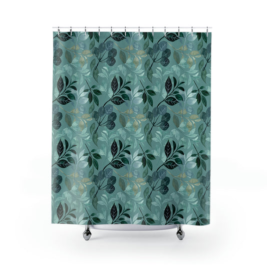 teal shower curtain with floral pattern of beige, green and navy blue flowers