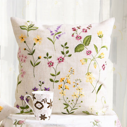 summer wildflower pillow case with pink, purple and yellow embroidered flowers
