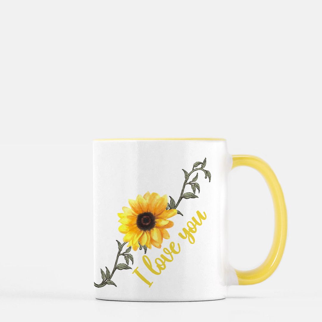 Mom mug for mothers day gift with I love you in yellow and sunflower print