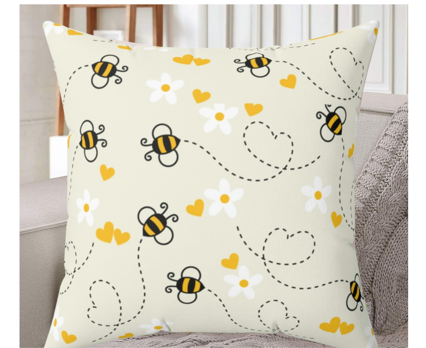 honey bee pillow with yellow bee, hearts and daisy print