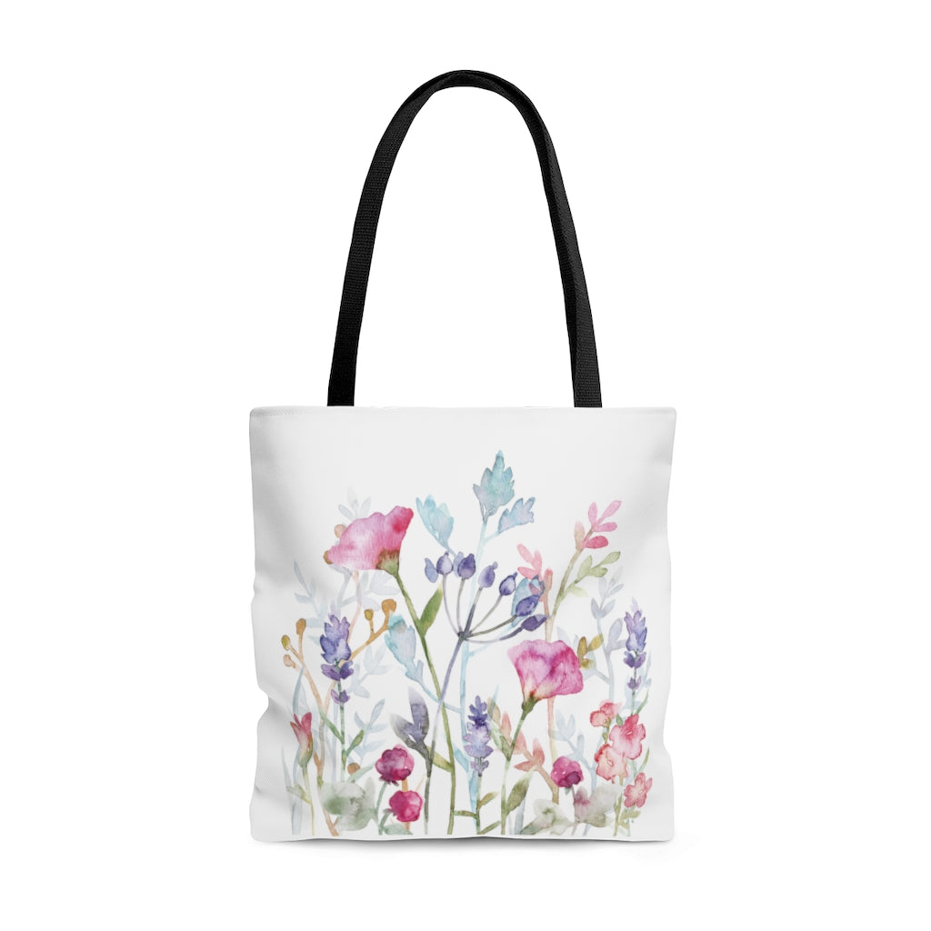 wildflower tote bag with blue, pink and purple flowers and leaves 