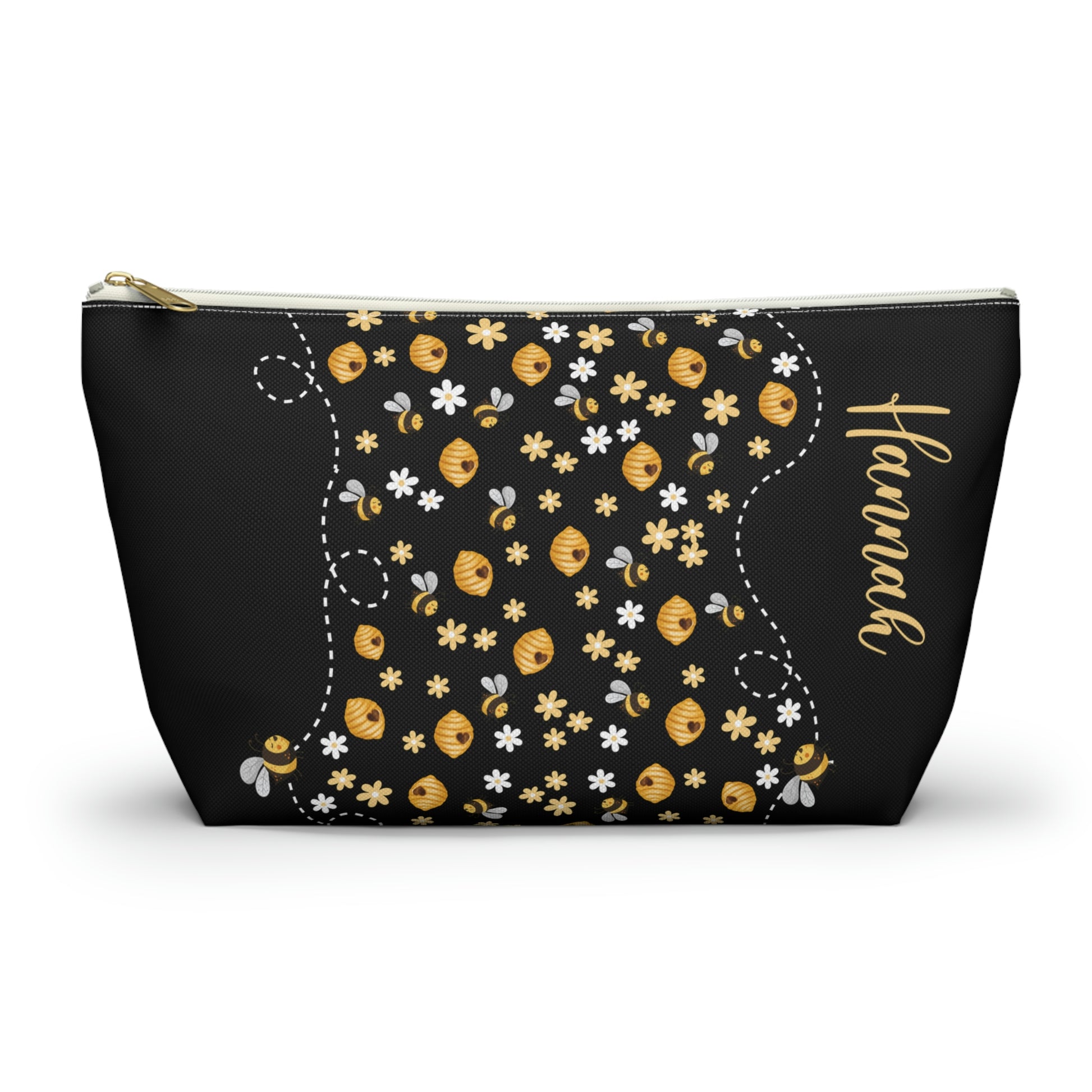 personalized honey bee, beehive and daisy print makeup bag