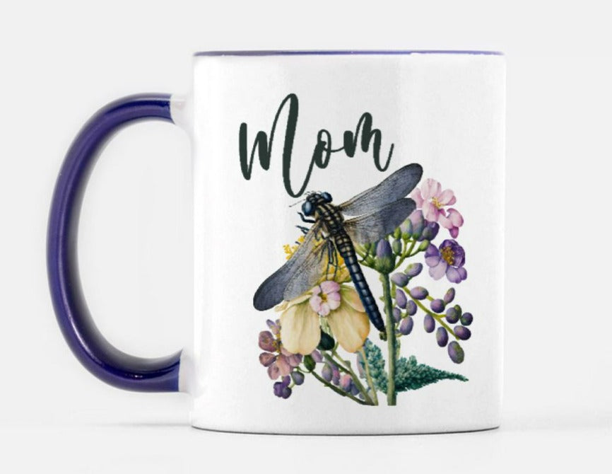 personalized mom mug with flowers and navy blue dragonfly print