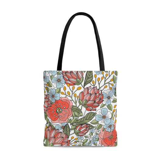 farmhouse flower tote bag in blue, red and green colors 