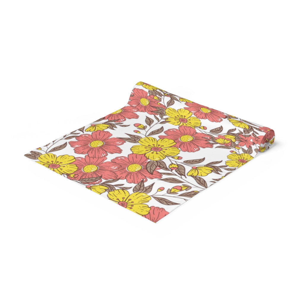 pink, yellow and brown farmhouse table runner 