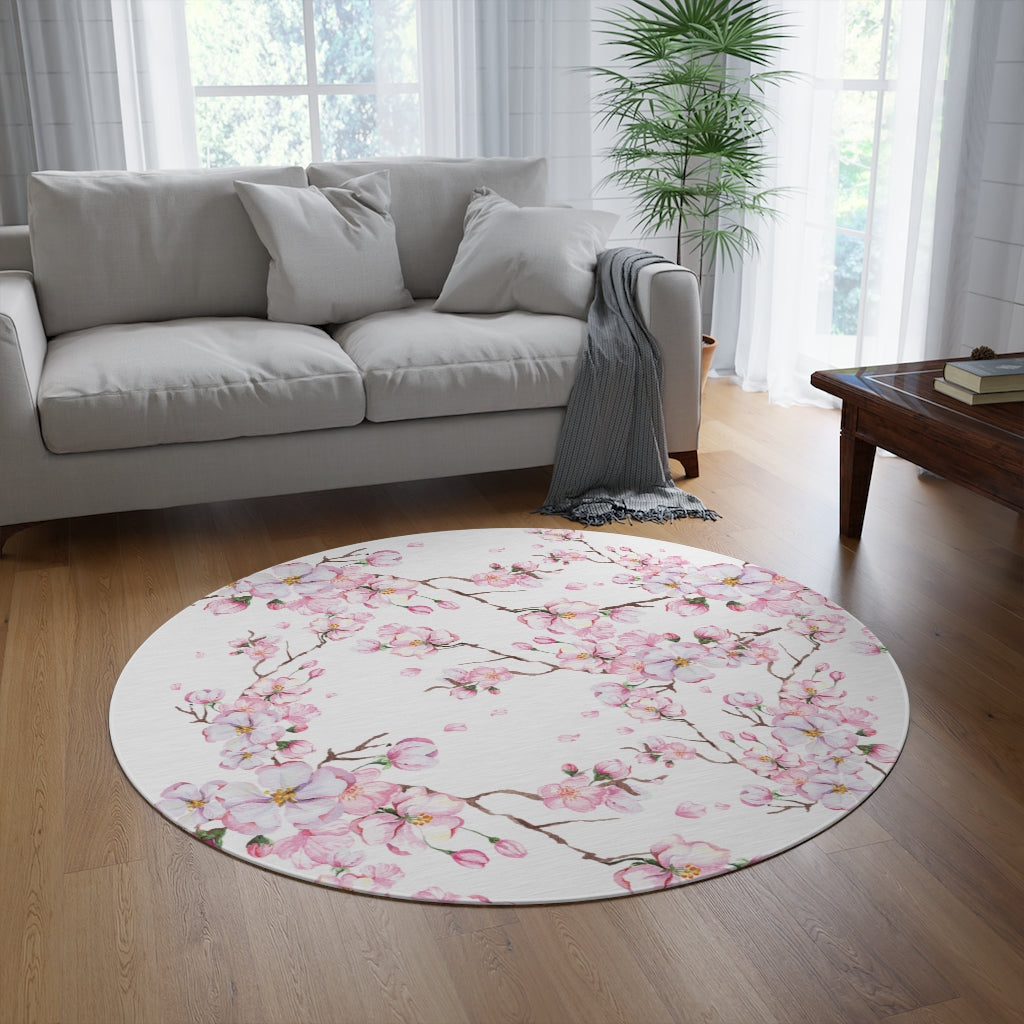 cherry blossom round rug with pink and white cherry blossom flower pattern