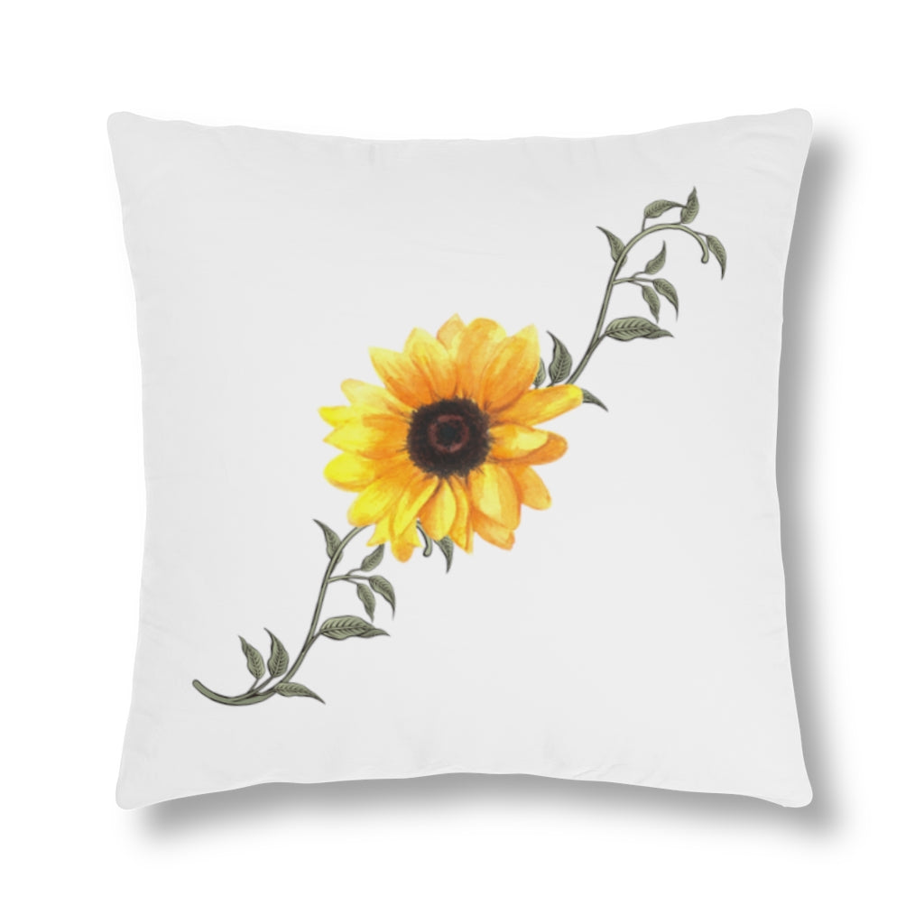 sunflower pillow for patio or porch. single yellow sunflower on white background.