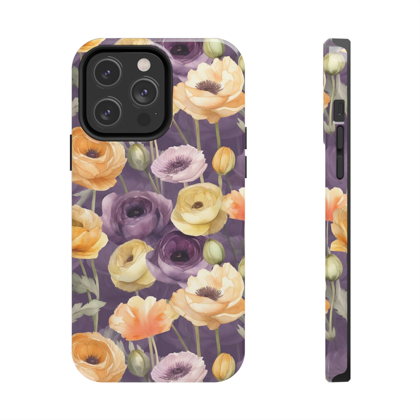 purple iphone case with purple and yellow flowers and green leaves