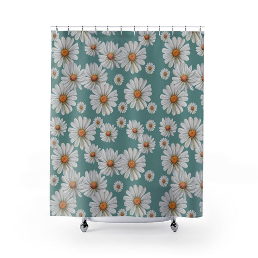 teal shower curtain with white daisy pattern