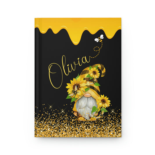 personalized bee gnome journal with yellow sunflower print and dripping honey