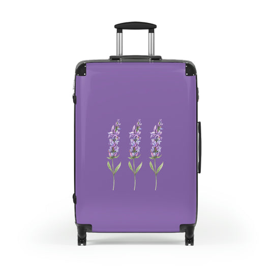 purple womens suitcase with lavender print in simple boho style