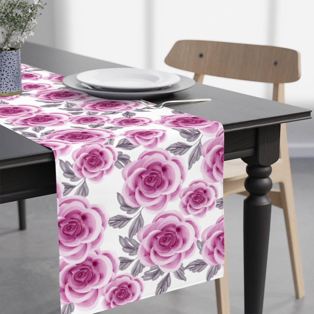 pink rose table runner with pink and white rose pattern with leaves
