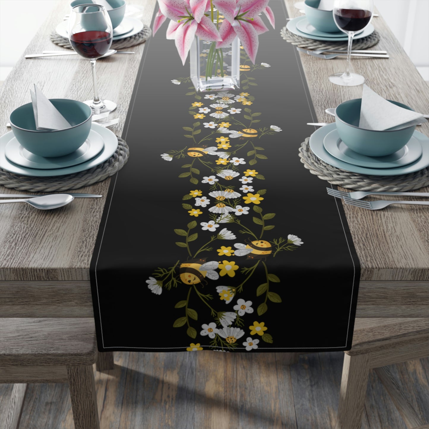 honey bee and daisy table runner in black and yellow for spring or summer decor