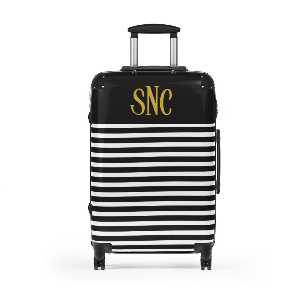 Monogram Suitcase / Personalized luggage / Black and White Striped Travel Suitcase