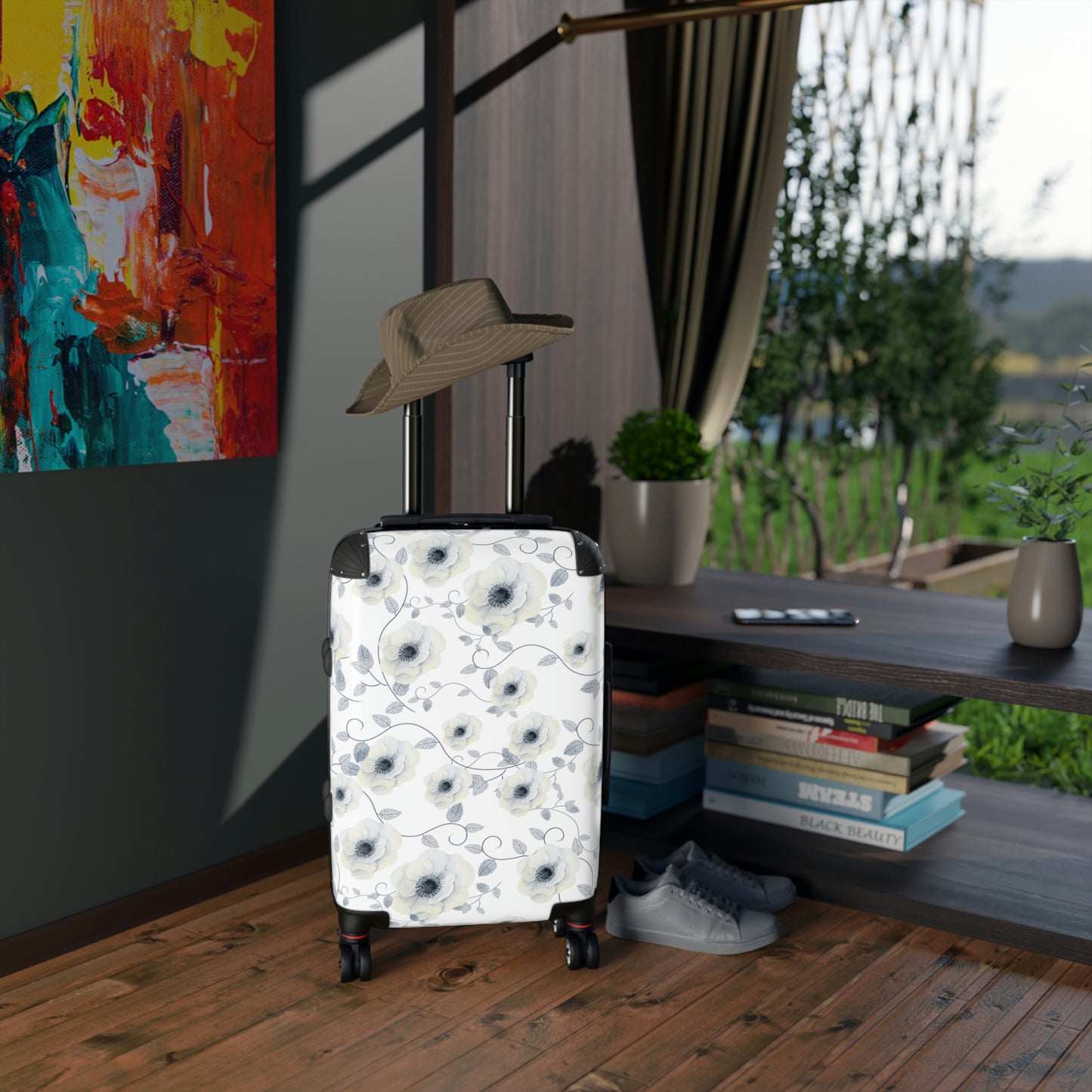 Women's White Floral Wheeled Suitcase / Custom Hard Shell Luggage