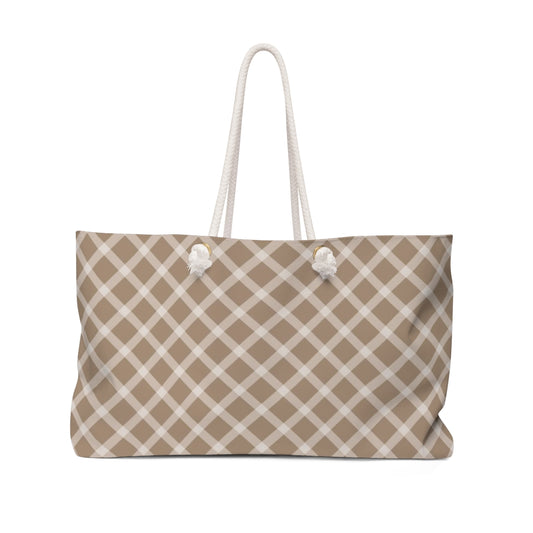 Taupe plaid weekender bag in farmhouse style. 
