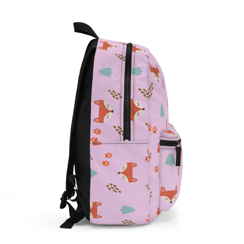 side view of pink fox backpack for back to school