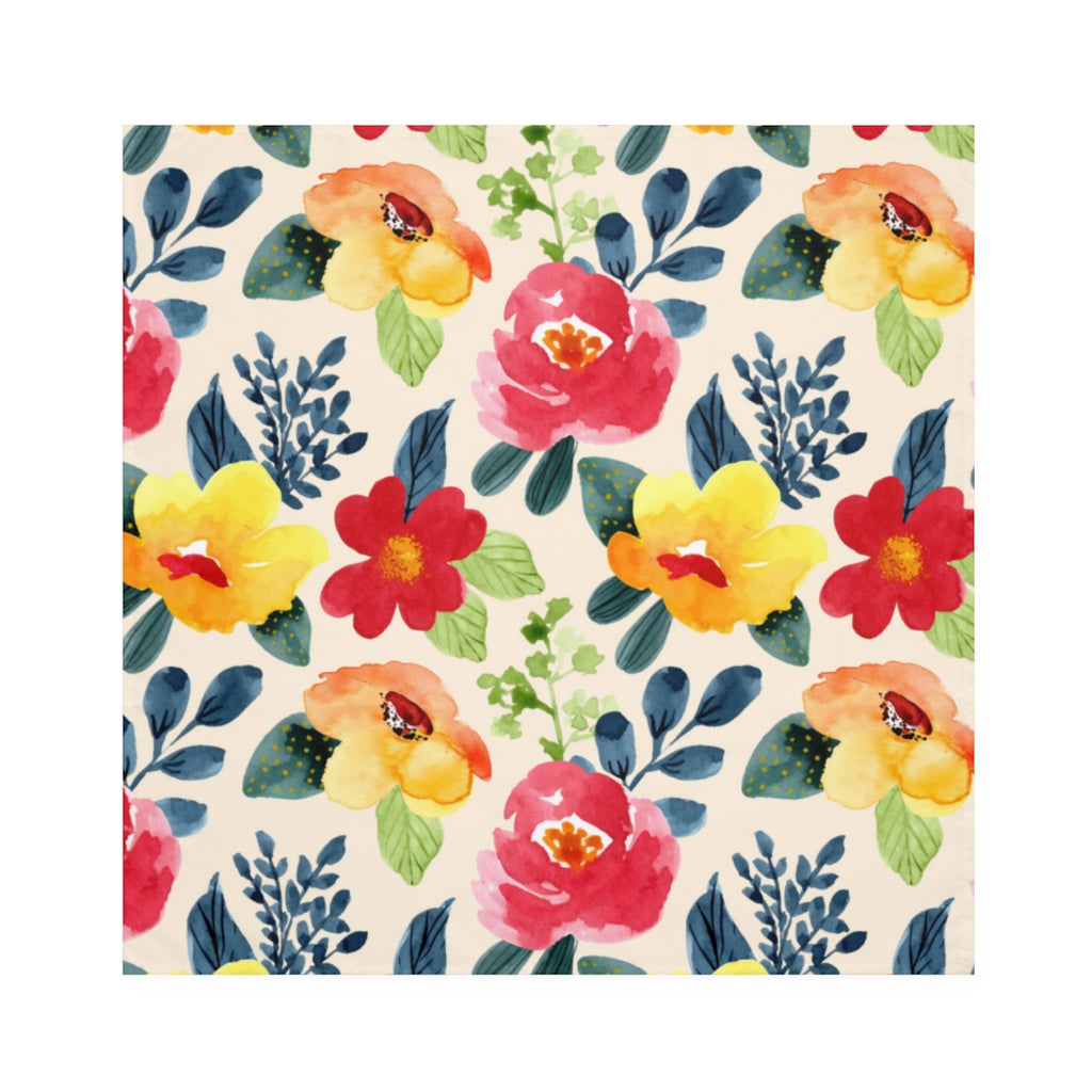 summer floral dinner napkins with red, blue and yellow summer flowers