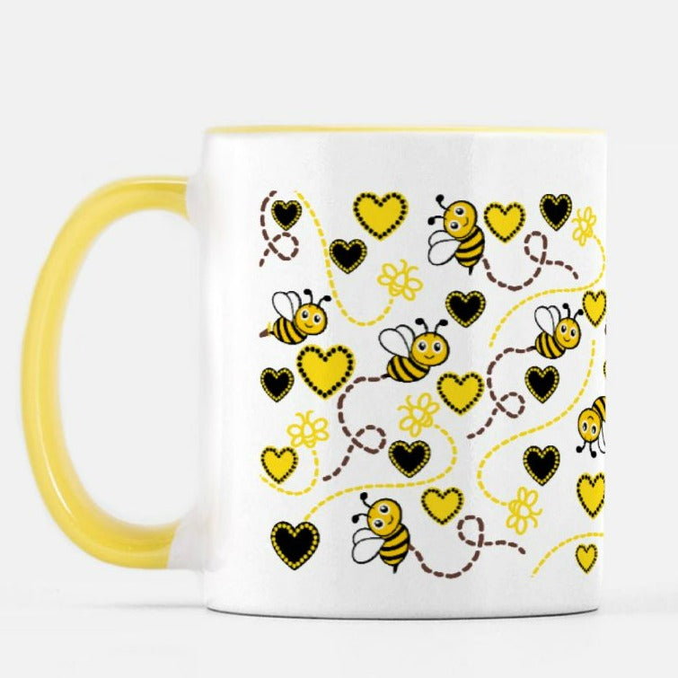 honey bee yellow coffee mug with bumble bee and heart print