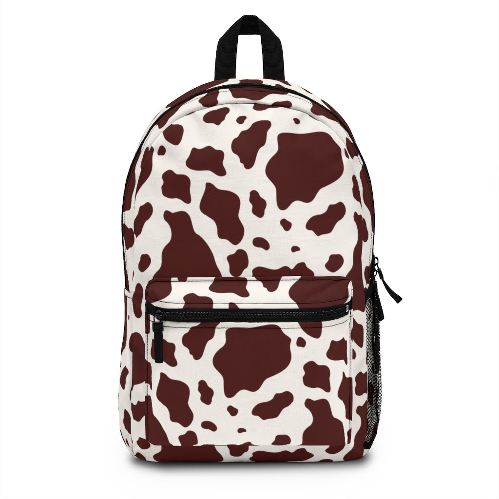 brown cow print backpack for back to school for girls or carry on bag for travel