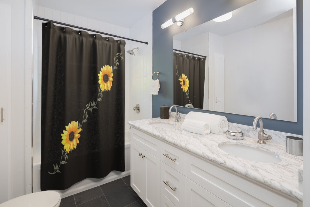 sunflower shower curtain with summer sunflowers and green leaf vines