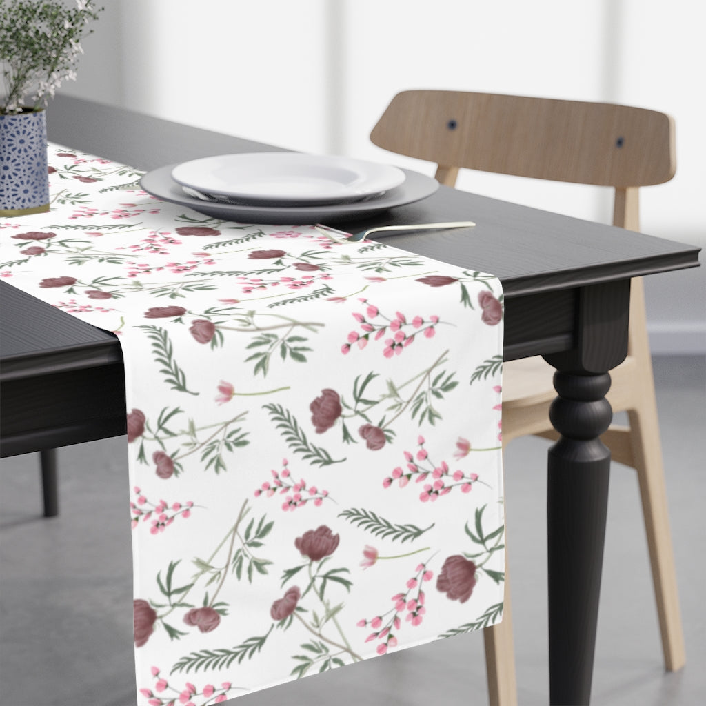 spring table runner in floral print on a white background
