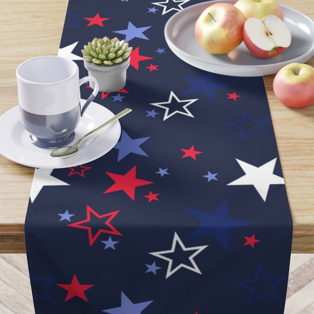 patriotic table runner in red, white and blue stars. 4th of july party table runner 