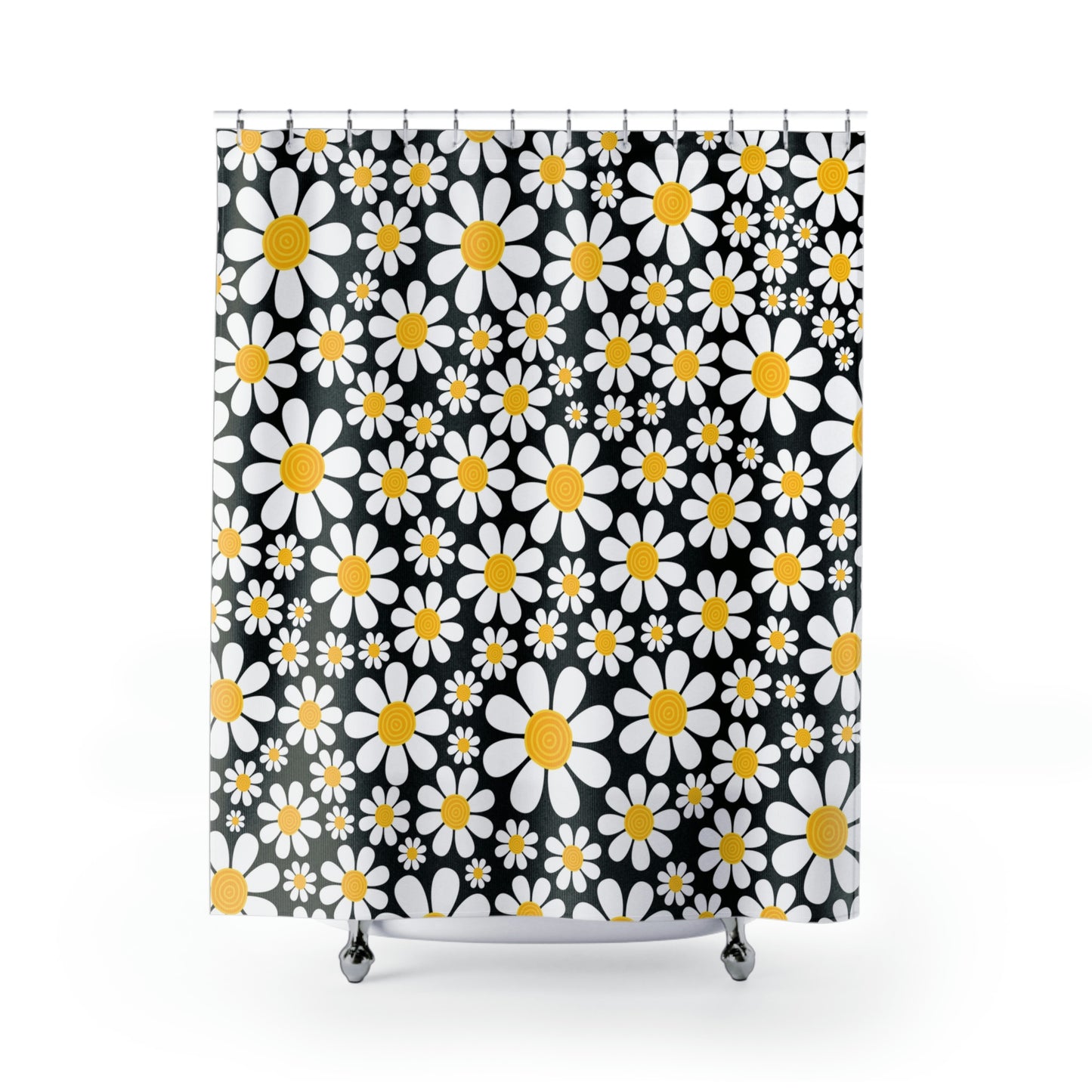 black shower curtian with white daisy print