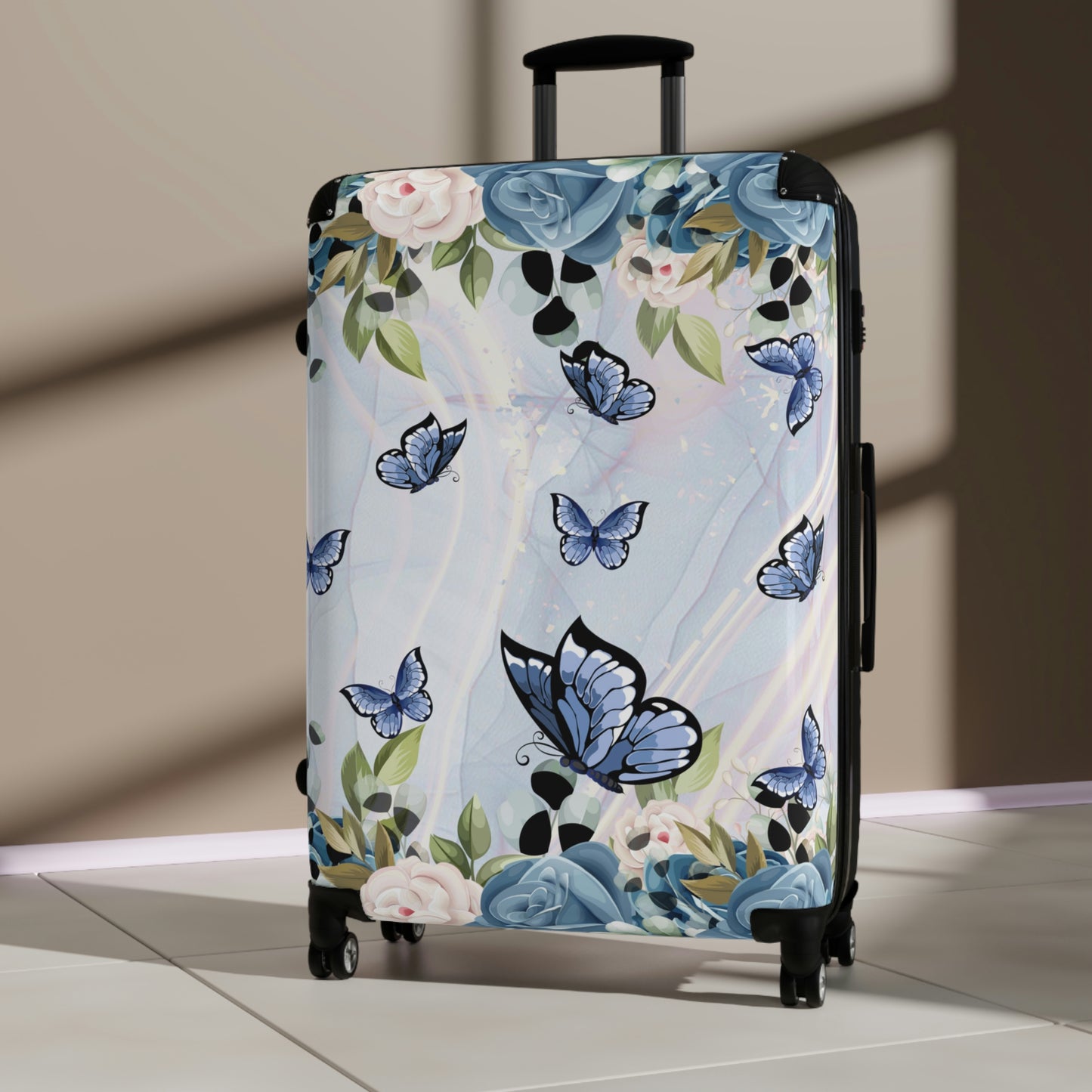 Women's Wheeled Hard Shell Suitcase / Blue Butterfly and Rose Luggage