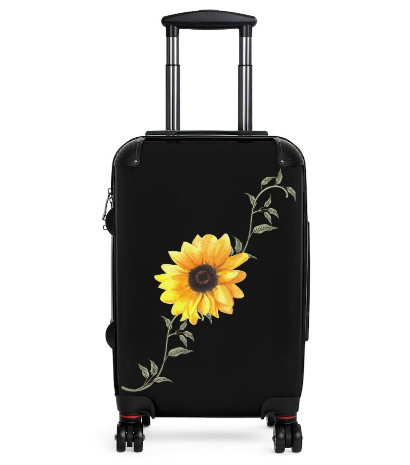 sunflower suitcase with yellow sunflower and leaves