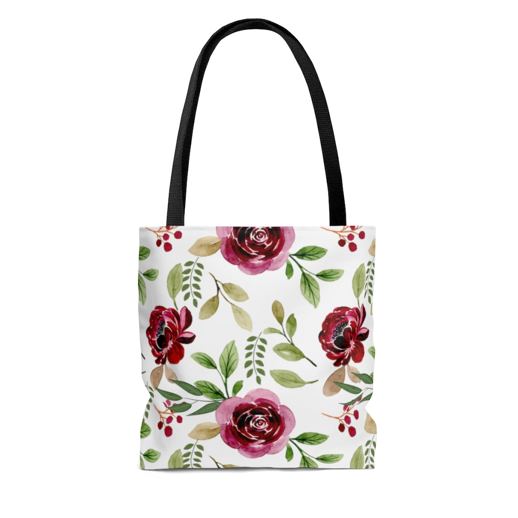 farmhouse rose tote bag with leaves and roses. green and pink in color 