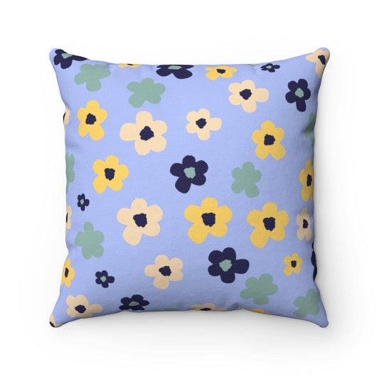 blue flower pillow in farmhouse style with dark blue and yellow flowers
