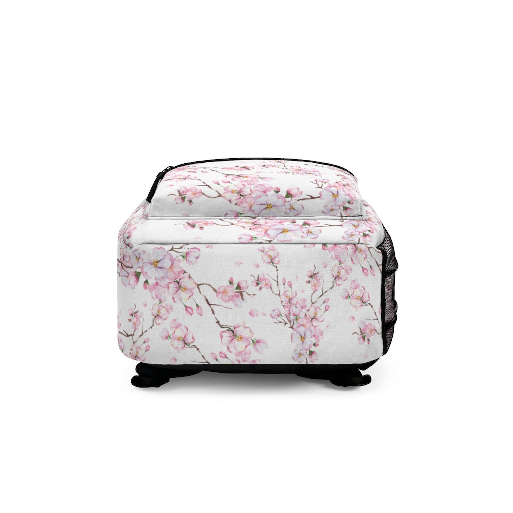 bottom view of girls bookbag with cherry blossom pattern