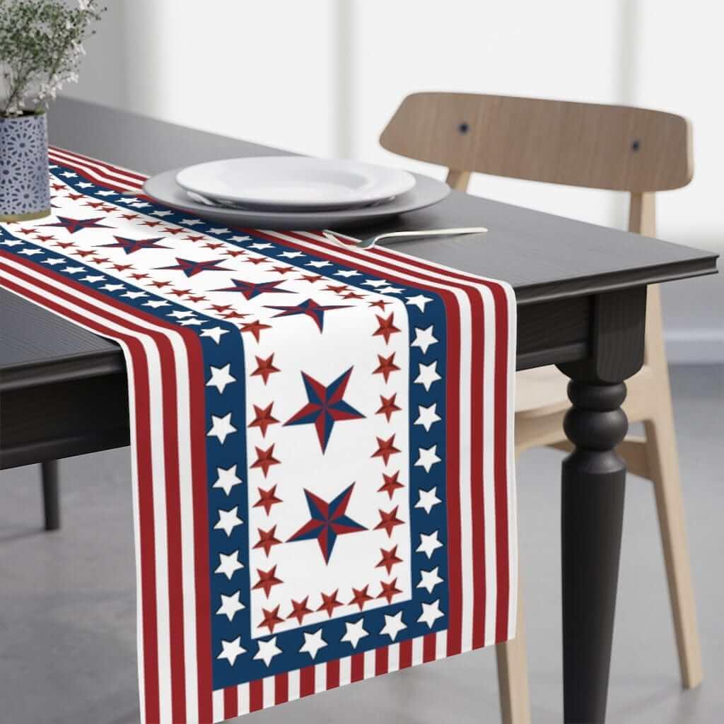 red,, white and blue patriotic table runner. stars and stripes in usa colors for indepence day party 
