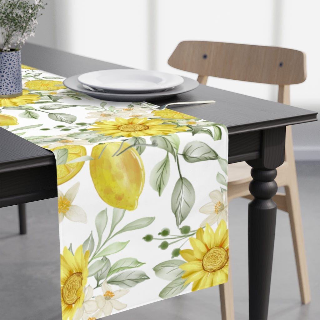 sunflower table runner with lemon tree pattern